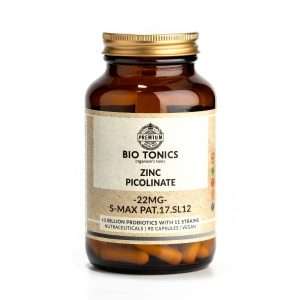Bio Tonics Zinc Picolinate 22mg – συμπλήρωμα ψευδαργύρου υψηλής απορρόφησης για ανοσοποιητικό και υγιές δέρμα, σε συσκευασία.