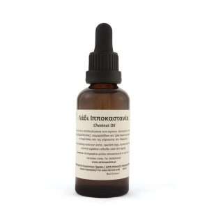 Φυσικό λάδι ιπποκαστανέα σε γυάλινο μπουκάλι, ιδανικό για φλεβίτιδα, κιρσούς και βελτίωση της κυκλοφορίας του αίματος.