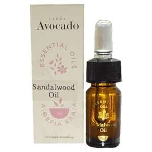 Σανταλόξυλο αιθέριο έλαιο σε γυάλινο μπουκαλάκι